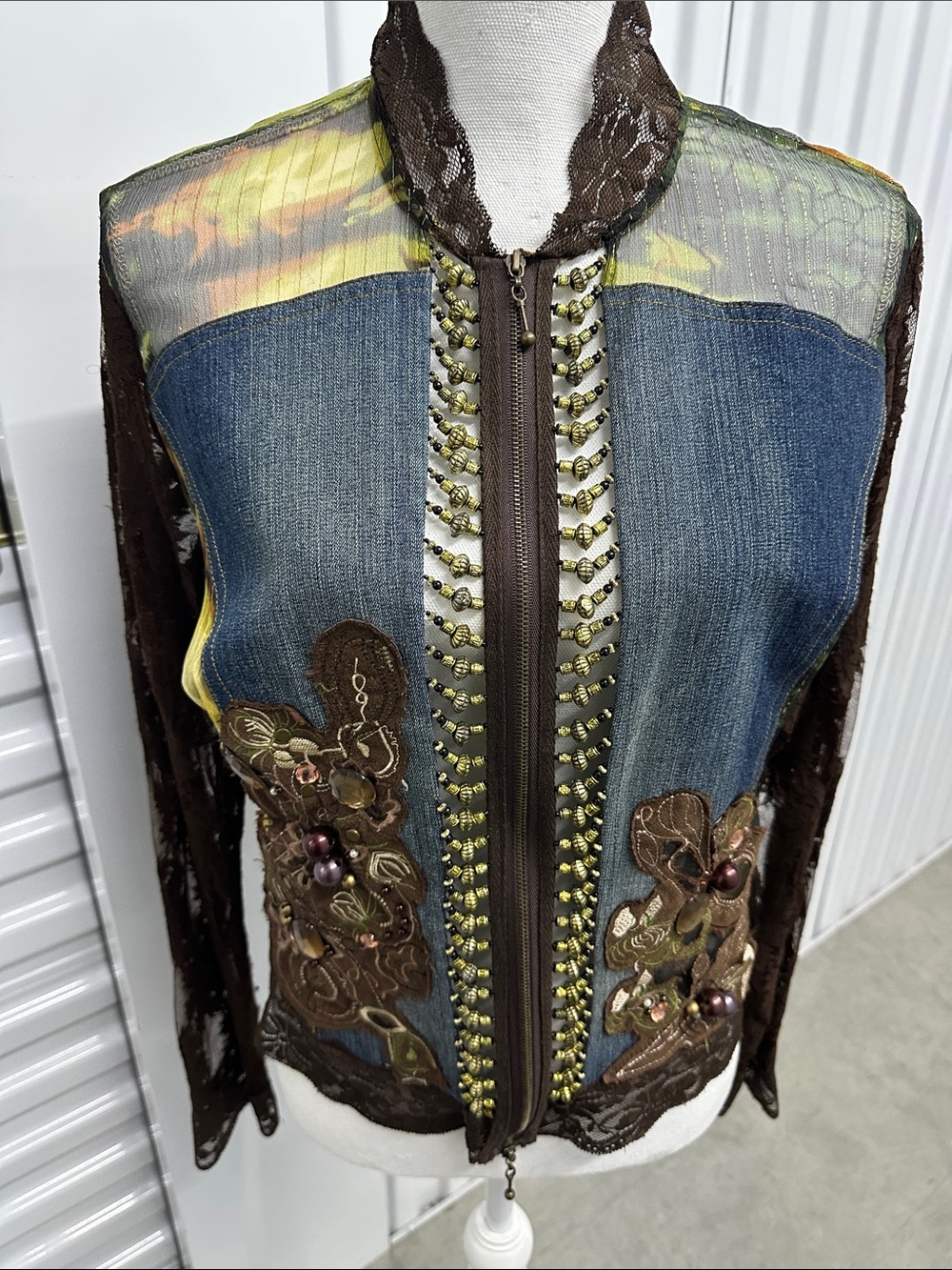 AZI Jeans Embellished Mixed-Media Women's Jacket - Brown & Denim